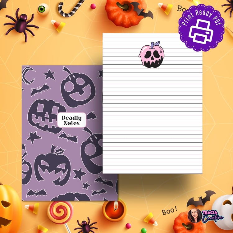 Halloween Notes Pages | Pink & Purple | Cute Skulls & Bats | Instant Download PDF
