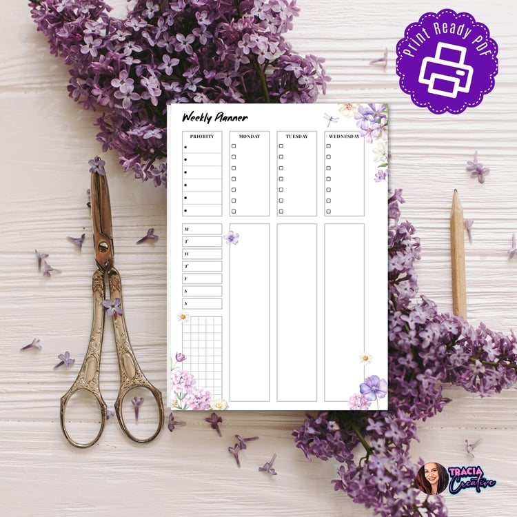 Purple Floral Weekly Planner | A5 Printable | Instant Download PDF | Priority & Notes