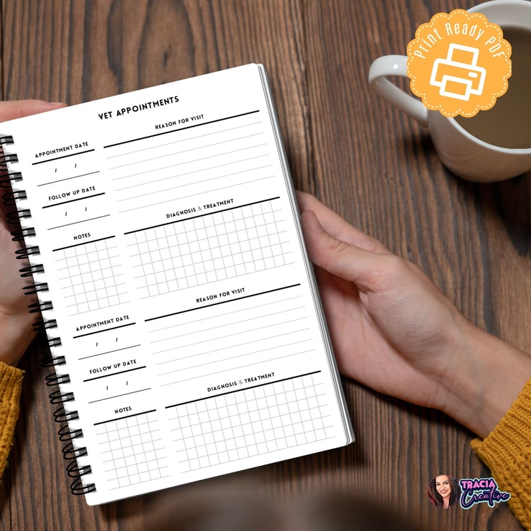 A5 Vet Appointments Planner | Pet Health Organizer | Tracia Creative