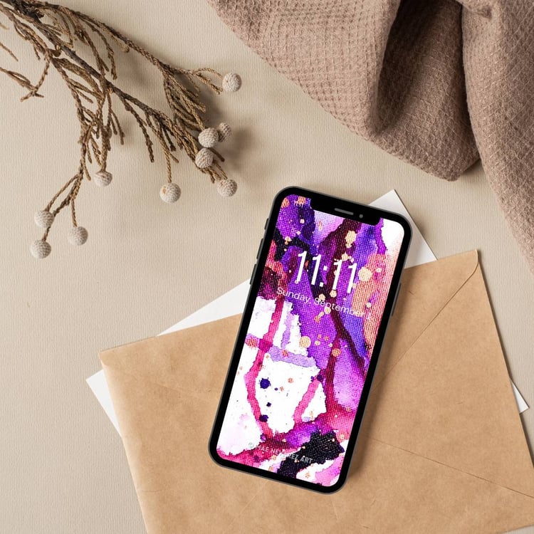 Abstract painting, Nebula V, with bold purples, magenta, black, copper, and bronze speckles; a cosmic-inspired, modern art piece.