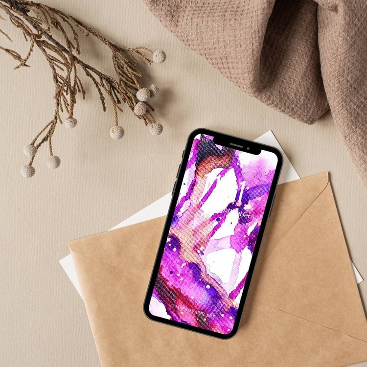 Abstract painting, Nebula V, with bold purples, magenta, black, copper, and bronze speckles; a cosmic-inspired, modern art piece.