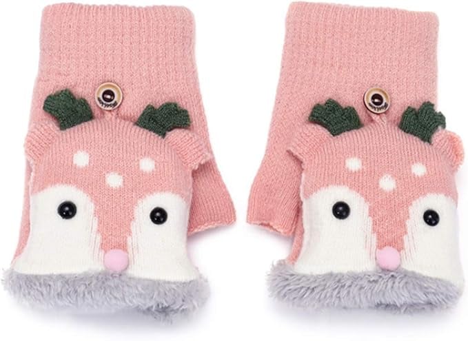 Girls Winter Convertible Mittens Cute Animal Cat Face Fleece Lined Warm Flap Cover Gloves Knit Mitten