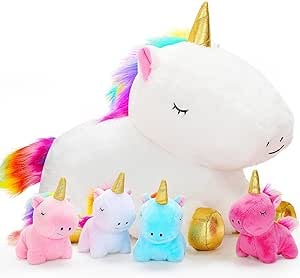 Unicorn Mommy Stuffed Animal with 4 Baby Unicorns in Her Tummy, Soft Unicorn Plush Toys Set, Christmas Birthday Gifts for Baby, Toddler, Kids
