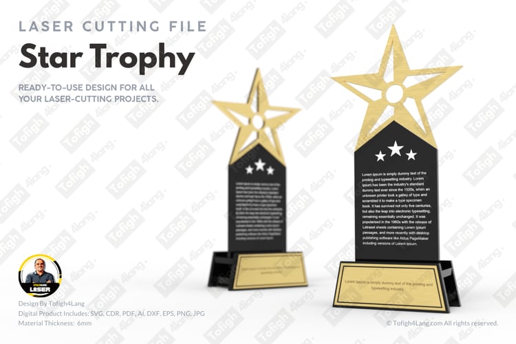 Star Trophy Laser Cut Design | Elegant Award for 6mm Materials | Tofigh4lang