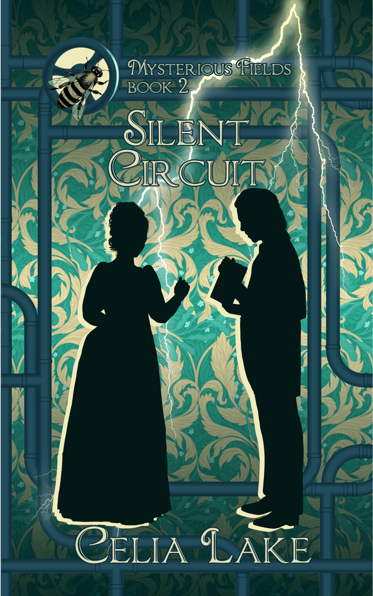 holding a book open for her, as her hand moves to turn a page. They’re on a background of green damask with green pipes, a streak of lightning behind them. A bee is inset on top of a gear in the top left.