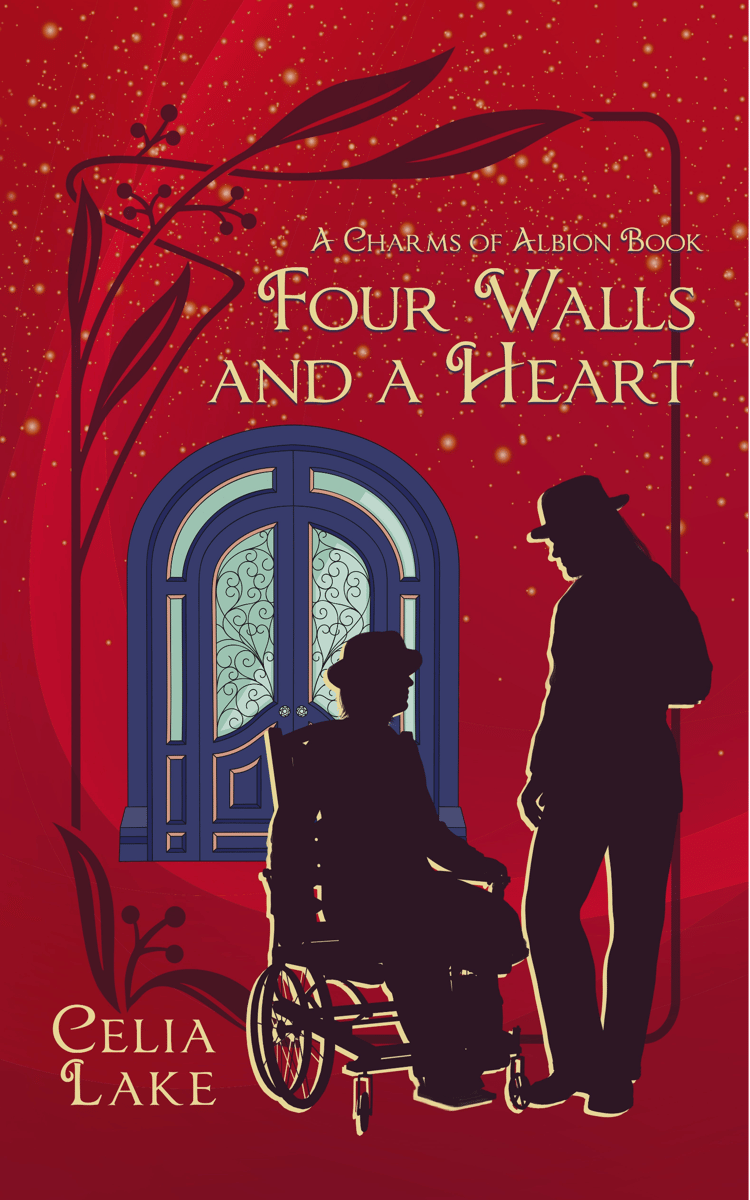 The cover of Four Walls and a Heart has a bright red background with a blue door. Two men are silhouetted against the background, one of slighter build in a Victorian wheelchair, missing his lower left leg, the other standing and talking, one hand at his 