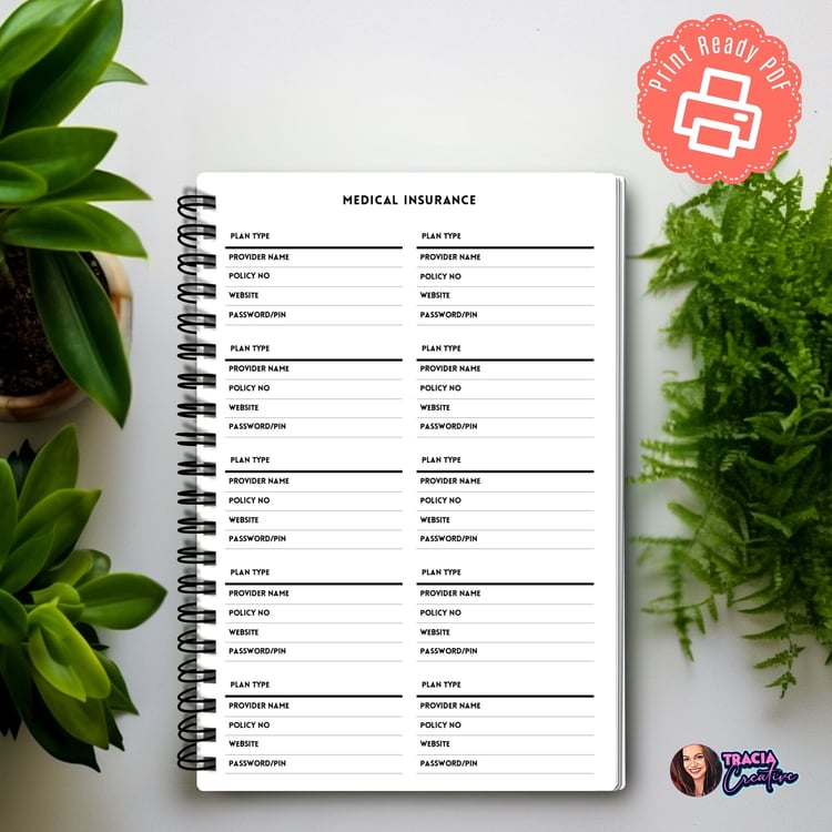Medical Insurance - Minimalist Planner Insert - Tracia Creative