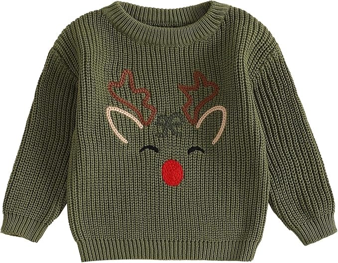Toddler Boy Girl Christmas Sweater Reindeer Embroidery Long Sleeve Knit Sweater Pullover Tops Fall Winter Clothes