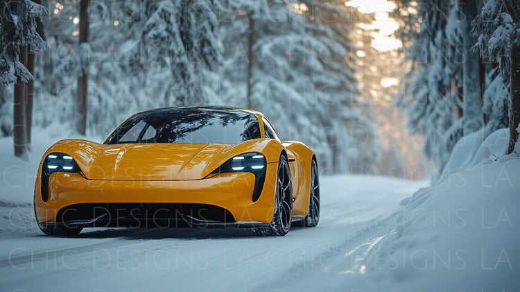 Yellow sports car driving down a snowy road, stock photo