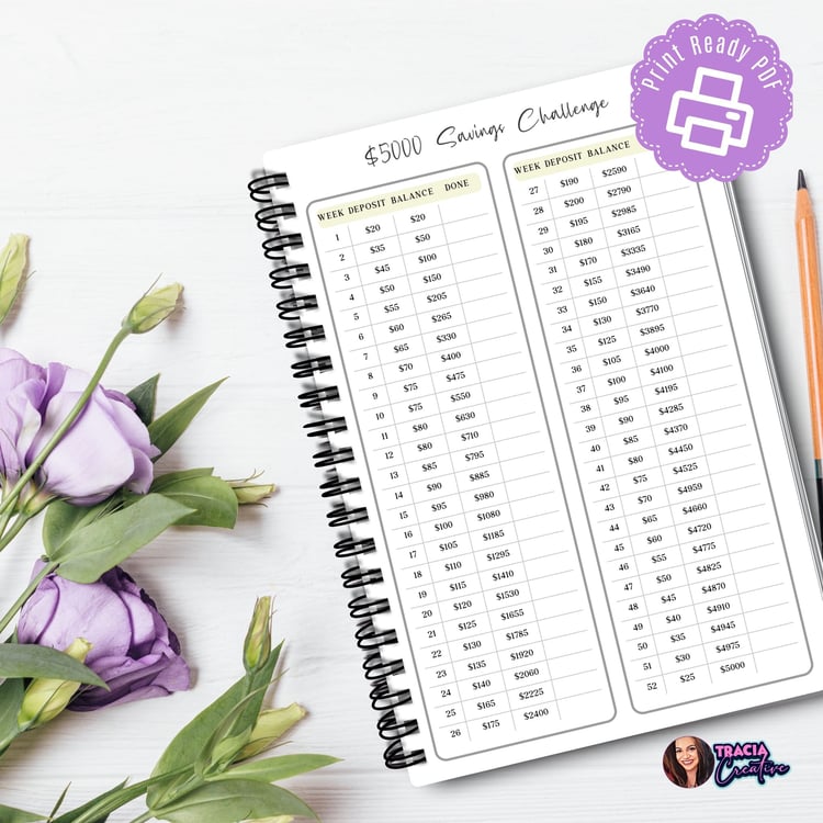 5000 Savings Challenge - A5 Minimalist Planner | Tracia Creative