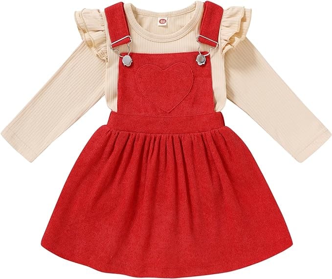 YOUNGER TREE Toddler Baby Girl Fall Outfit Long Sleeve Stripe T-Shirt and Strap Dress Overall with One Pocket Clothes Sets