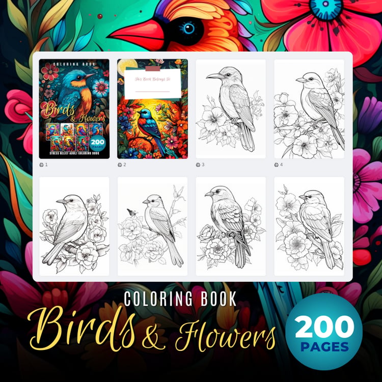 Adult Coloring Book Birds and Flowers - Warong Buku, eBook