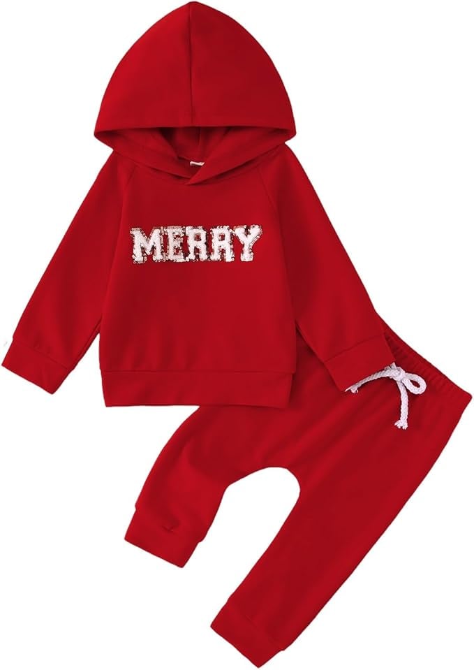 MODNTOGA Baby Boy Christmas Outfit Merry Sweatshirt Long Sleeve Hoodie Tops Solid Pants Set Infant Girl Fall Winter Sweatsuit