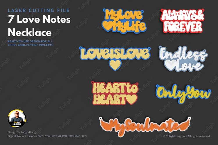 7 Love Notes Necklace Laser Cut Design | Romantic Jewelry File | Laser Cutting File