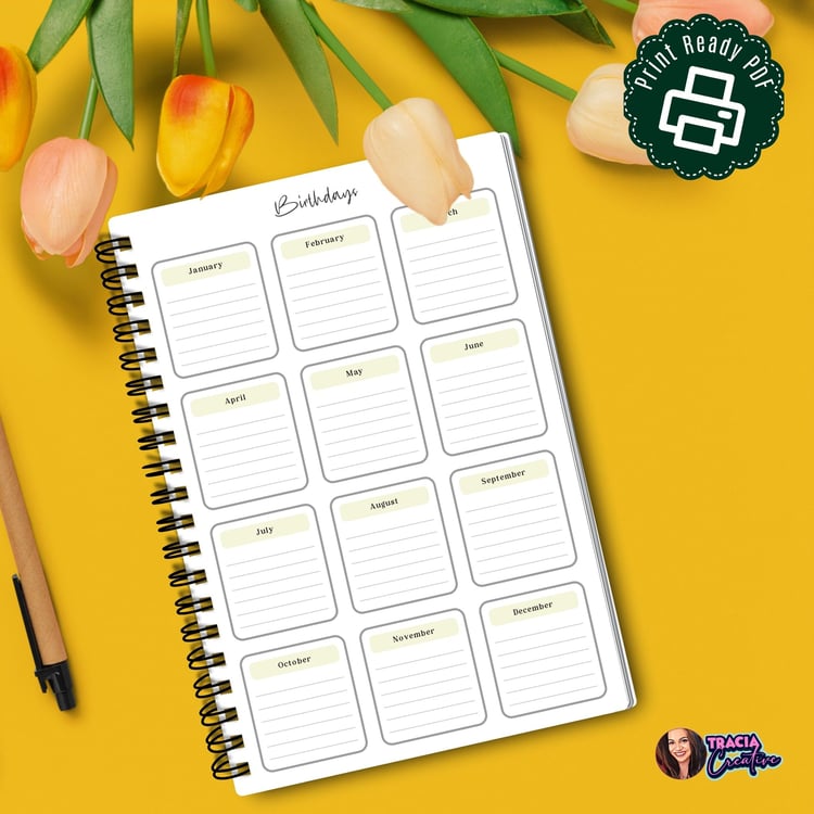 2025 Birthday Calendar Planner Insert, Minimalist | Tracia Creative