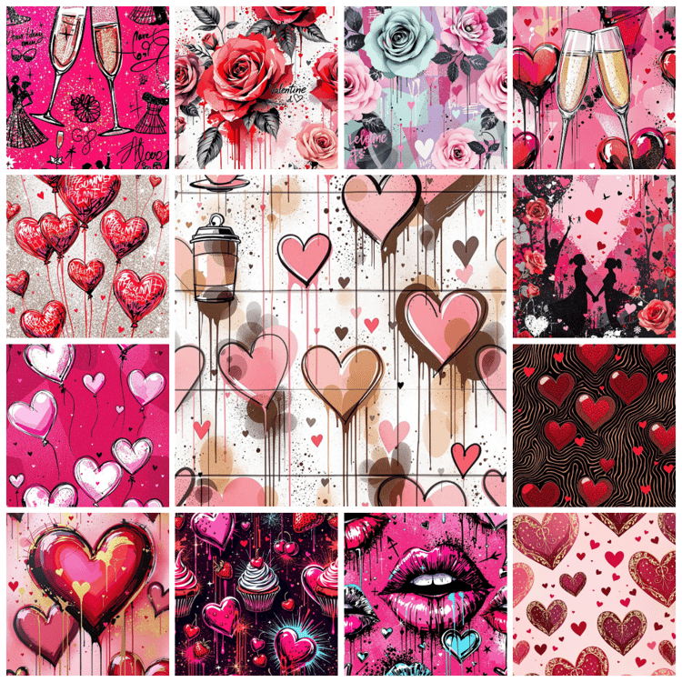 This free collection of 225 Valentines-themed graphics includes 1024-2700px JPG files, perfect for scrapbooking, junk journaling, and other paper crafts. Featuring hearts, silhouettes, cupcakes, and seamless patterns, these designs add a romantic touch t