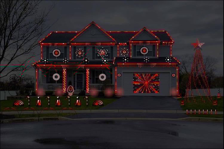 xLights holiday light show sequence of Run Run Rudolph by Kelly Clarkson, shown on residential home
