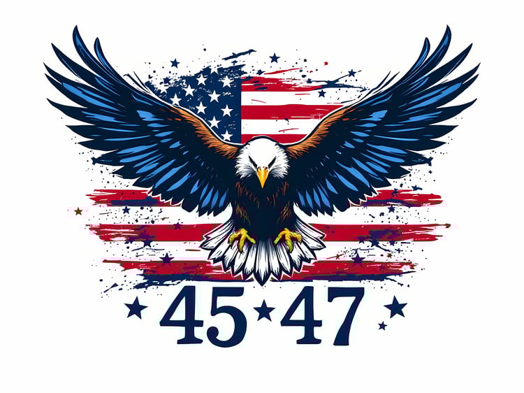 #MAGA - Patriotic designs featuring bold American flag motifs and iconic symbols like eagles and stars, in celebration of President Trump, the 45th and 47th President. USA flag, patriotic design, eagle, American pride, vintage flag, number 45, number 47,