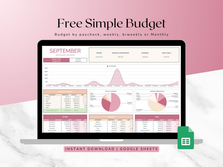 Image showing a free budget tracker with graphs. Shows its best suited for google sheets.