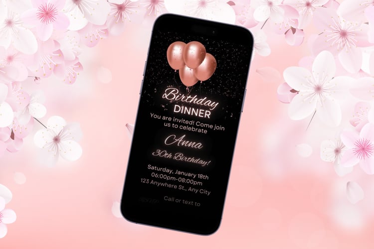 Editable Pink Black Birthday Dinner Digital Invitation, mobile invitation