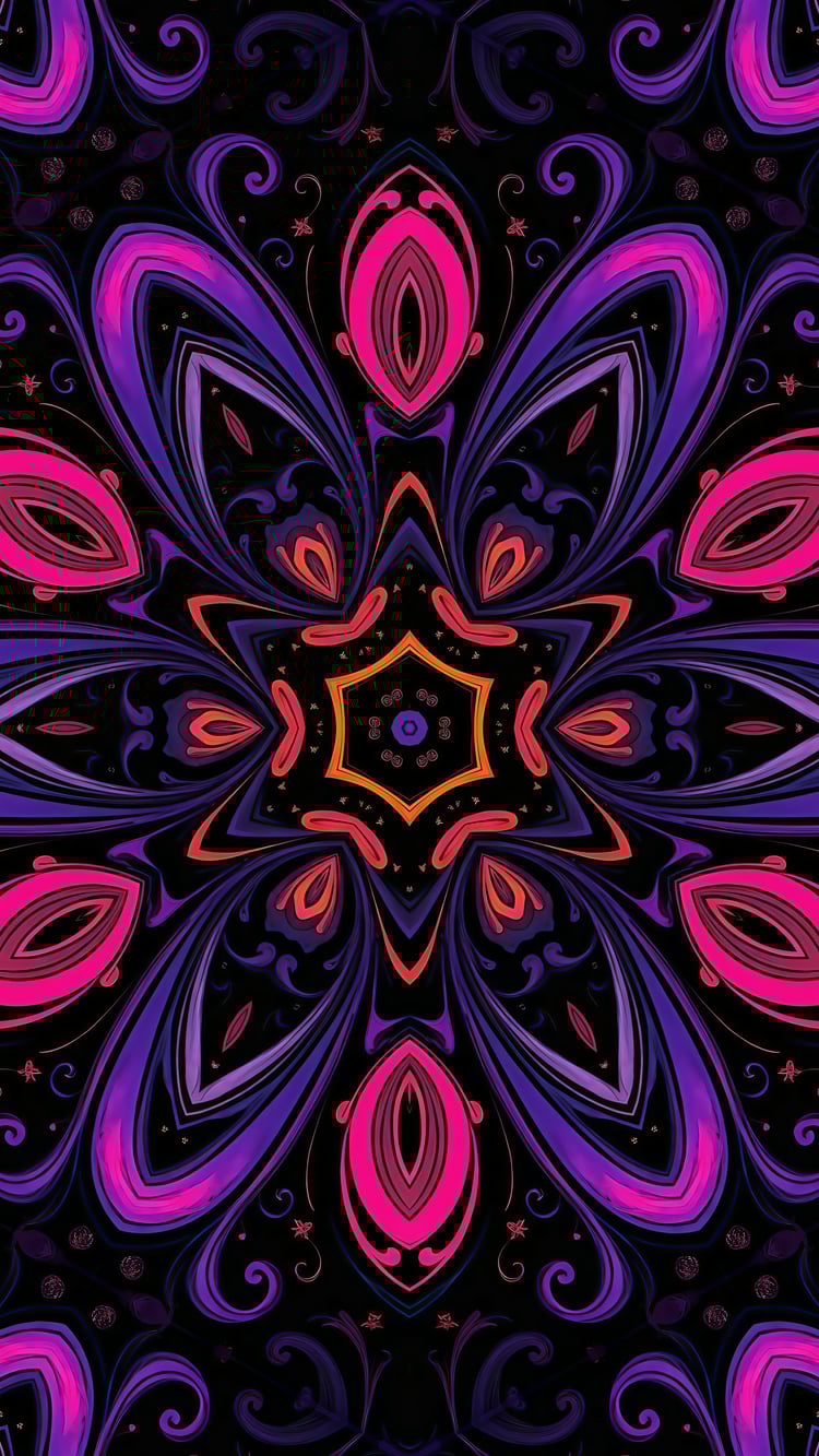 Vibrant, colorful neon mandala on a black background, showcasing intricate patterns and bold hues. Perfect for digital artwork, wallpapers, and artistic projects.