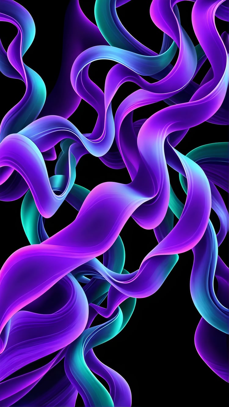 Purple wavy tapes flowing across a black background, creating a sleek and dynamic abstract design. Perfect for digital wallpapers, modern art projects, and creative visuals.