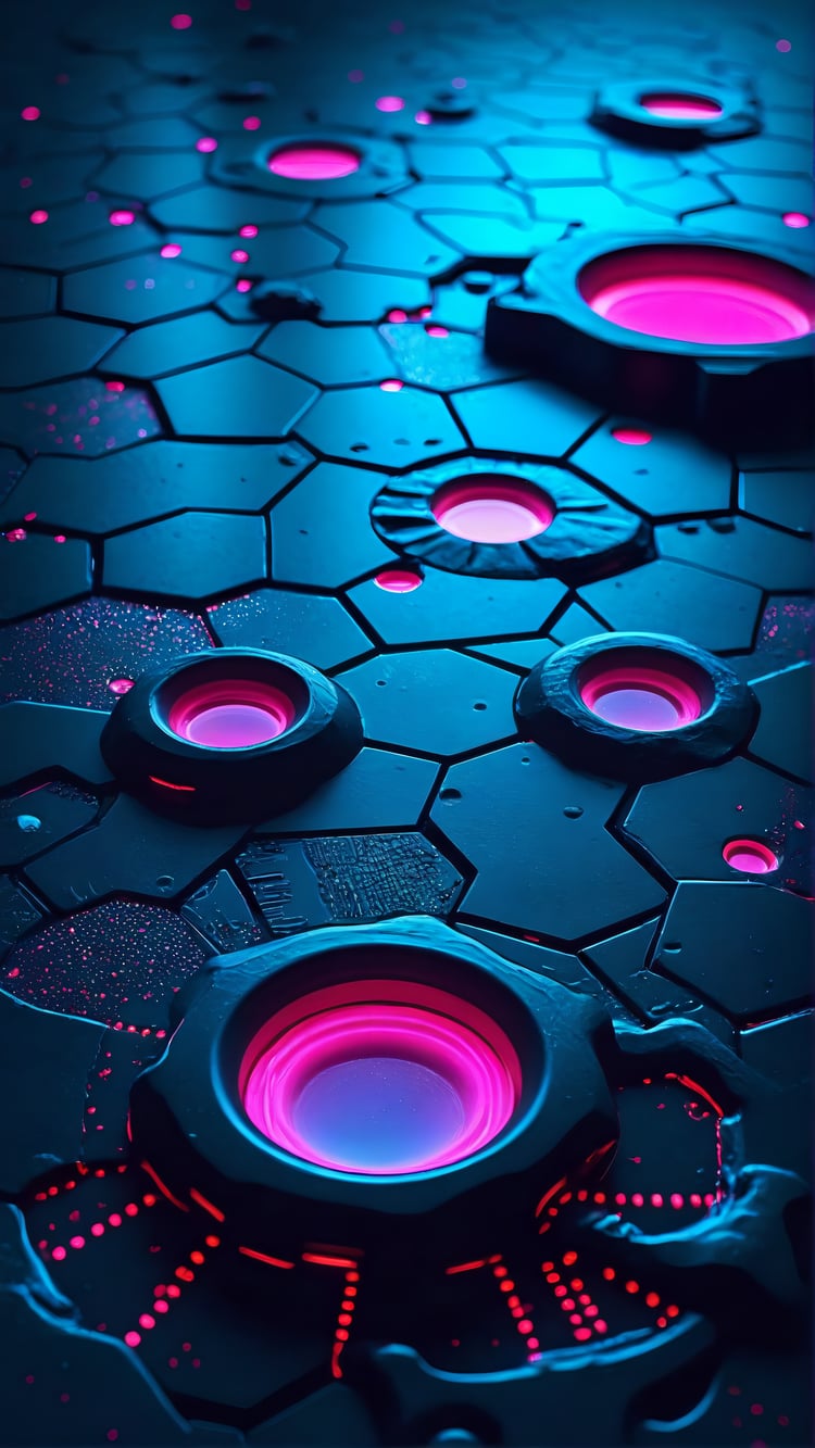 Crisp cerise-colored craters on a black surface, creating an intriguing and textured abstract design. Ideal for digital art, backgrounds, and creative projects.