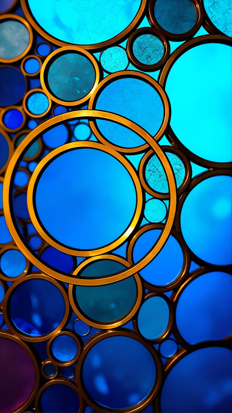 Elegant blue circles accented with golden frames, creating a luxurious and modern abstract design. Perfect for digital art, backgrounds, and creative projects.