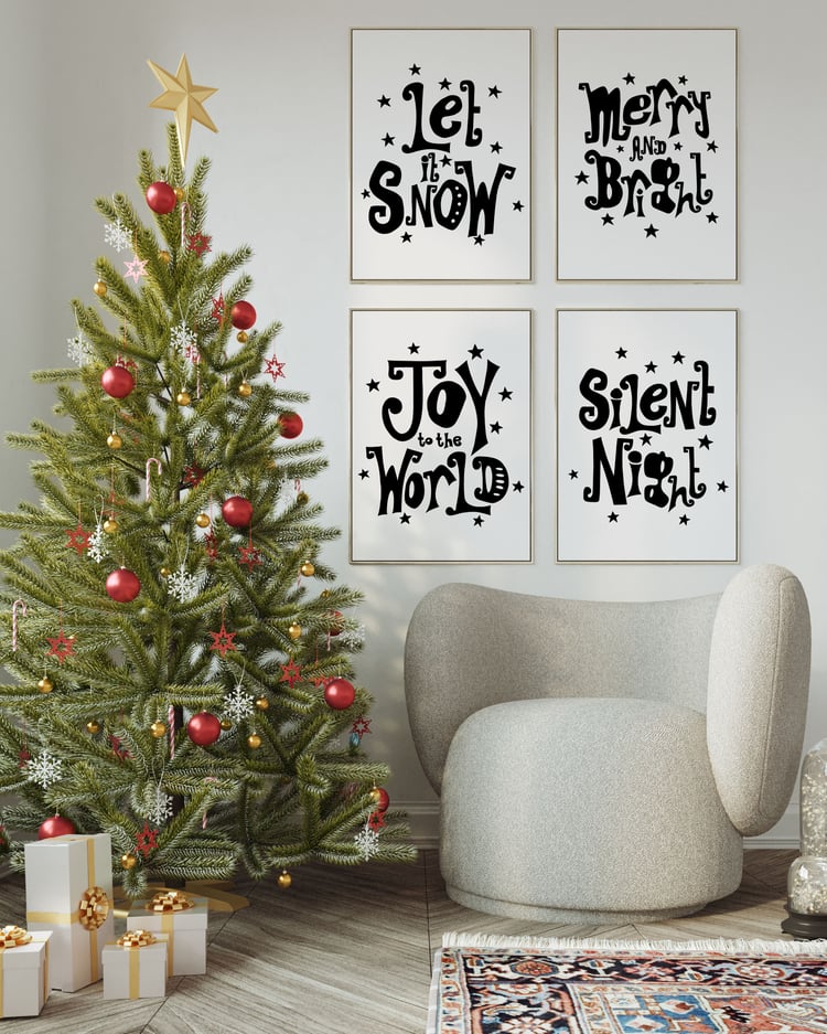 an image of a decorated Christmas tree and a gallery wall of 4 prints each with a different phrase related to Christmas.