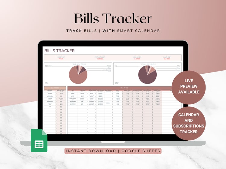 Bills tracker with graphs and a chart showing monthly spending totals for bill categories. also breaks it down based on week, fortnight and annual costs. Ideal for financial planning.