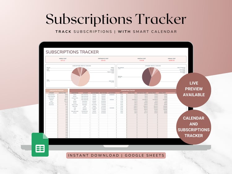 Subscription tracker with graphs and a chart showing monthly spending totals for subscription categories. also breaks it down based on week, fortnight and annual costs. Ideal for financial planning.