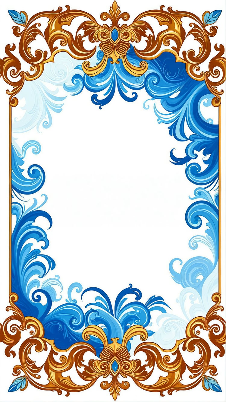 Abstract art floral frame with azure and gold accents on a white background. Elegant and modern design ideal for invitations, digital projects, or luxury branding. Perfect for adding sophistication and style.
