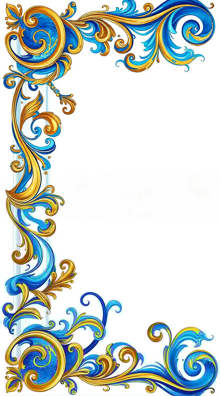 Abstract floral frame featuring azure and gold accents on a white background, creating an elegant and modern design. Ideal for invitations, digital projects, and decorative designs.