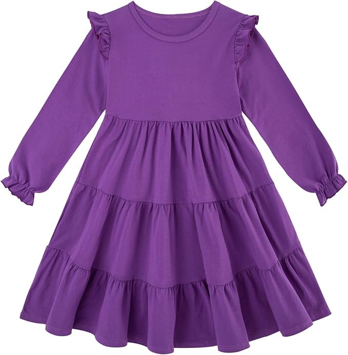Vieille Toddler Girls Cotton Dress Long Sleeve Ruffle Dress Kids Solid Casual Clothes for 2-8 Years
