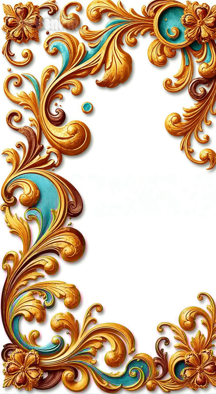 Elegant gold and turquoise floral frame on a white background, creating a luxurious and vibrant design. Perfect for invitations, digital projects, and artistic designs.