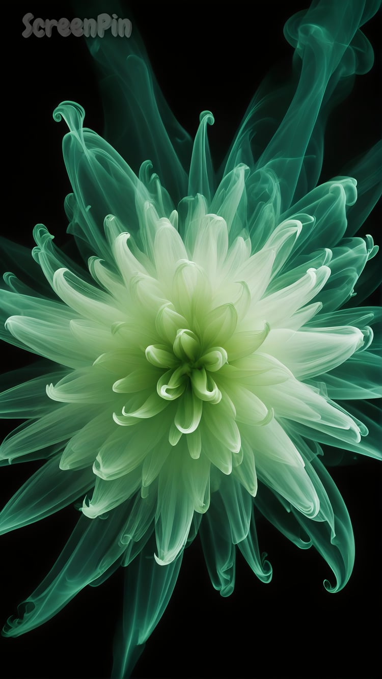 Mint-colored smoky digital flower on a black background, creating a soft and ethereal abstract design. Ideal for digital art, modern wallpapers, and creative projects.