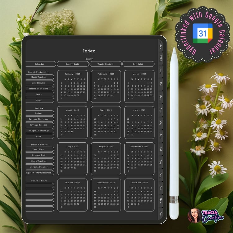 2025 Digital Planner – Google Calendar Integration in Dark Mode