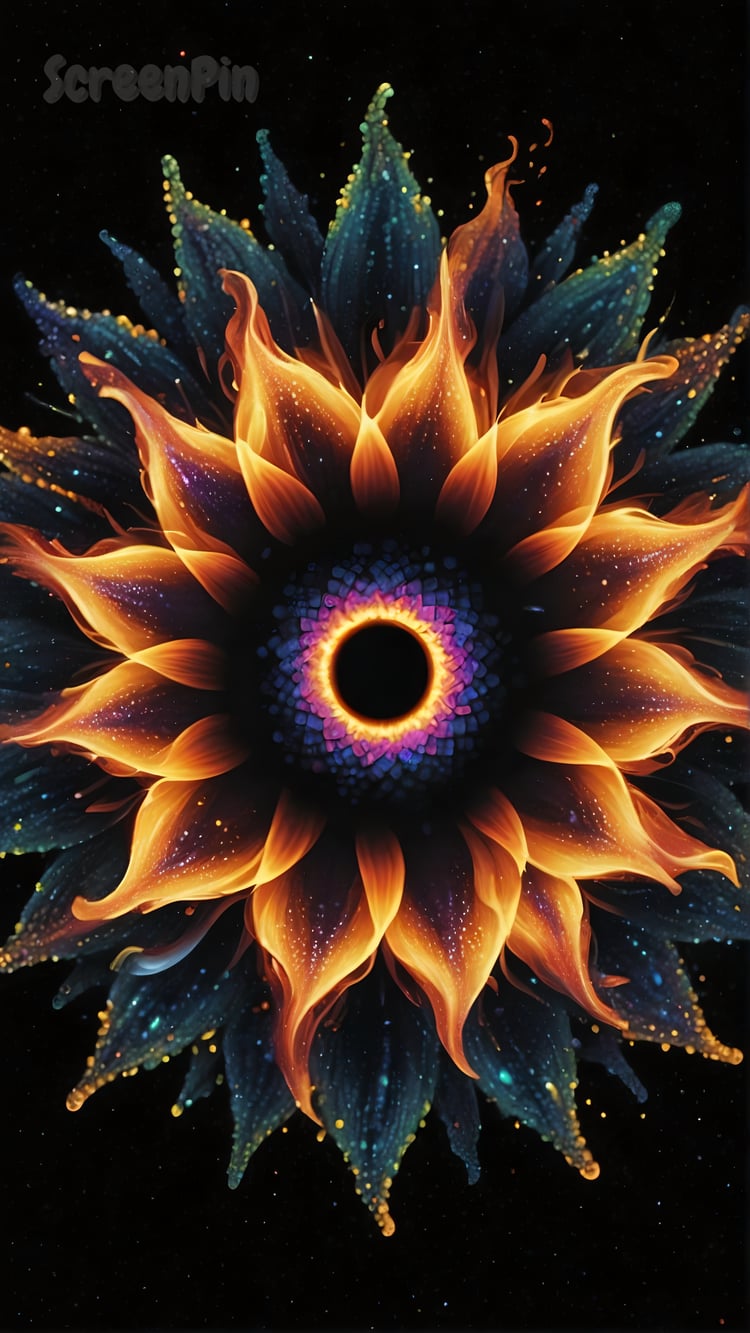 A digital fiery mandala with vibrant neon accents, featuring intricate patterns and bold colors. Perfect for artistic projects, digital wallpapers, and modern designs.