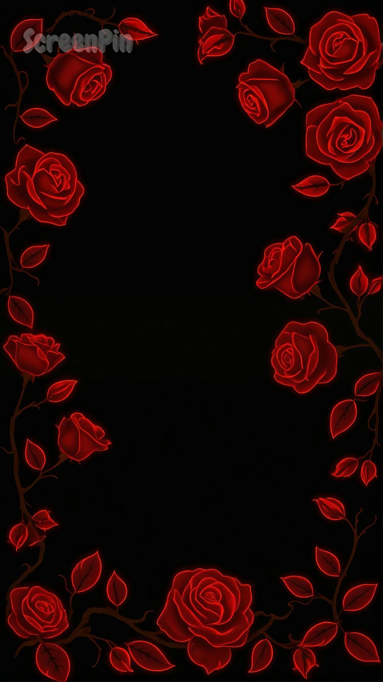 Gothic frame with neon red roses on a black background, offering a dramatic and elegant design. Perfect for highlighting text in digital art, invitations, and creative projects.