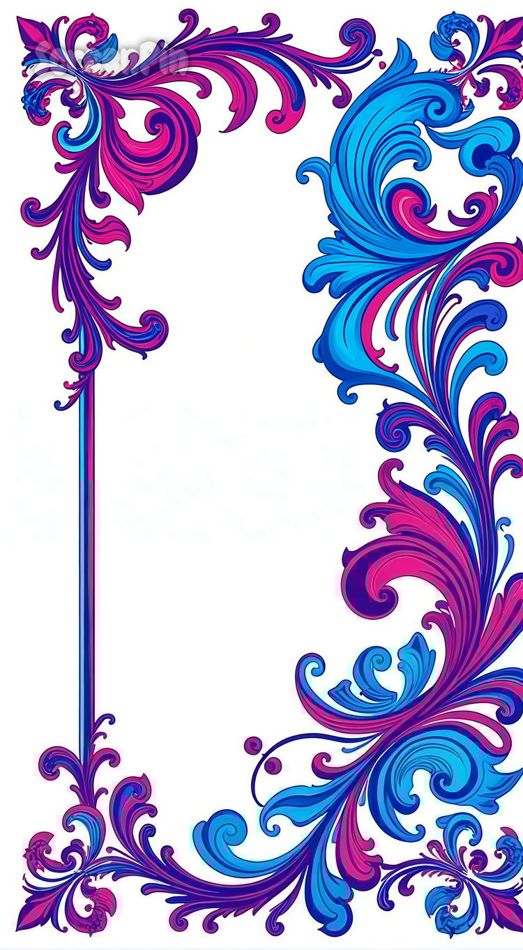 Azure and violet floral vintage frame on a white background, creating a classic and elegant design. Perfect for invitations, digital projects, and decorative uses.