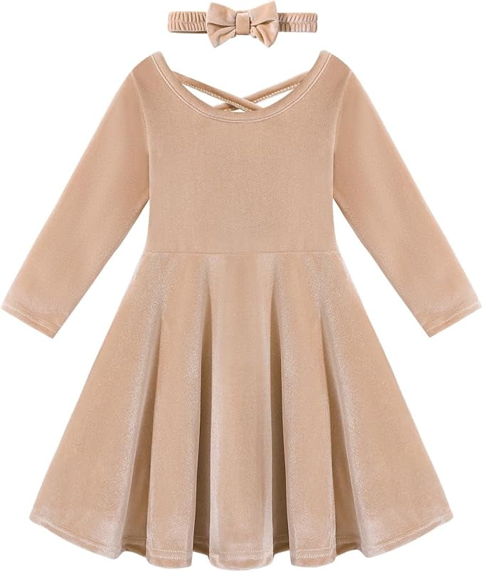 Weixinbuy Toddler Girl Fall Winter Clothes Outfit Baby Girl Velvet Twirl Dress Long Sleeve Pocket Swing Party Dress for Girl