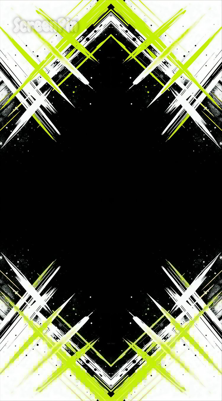 White and lime abstract frame on a black background, featuring bold, modern patterns. Ideal for digital art, invitations, and creative projects.