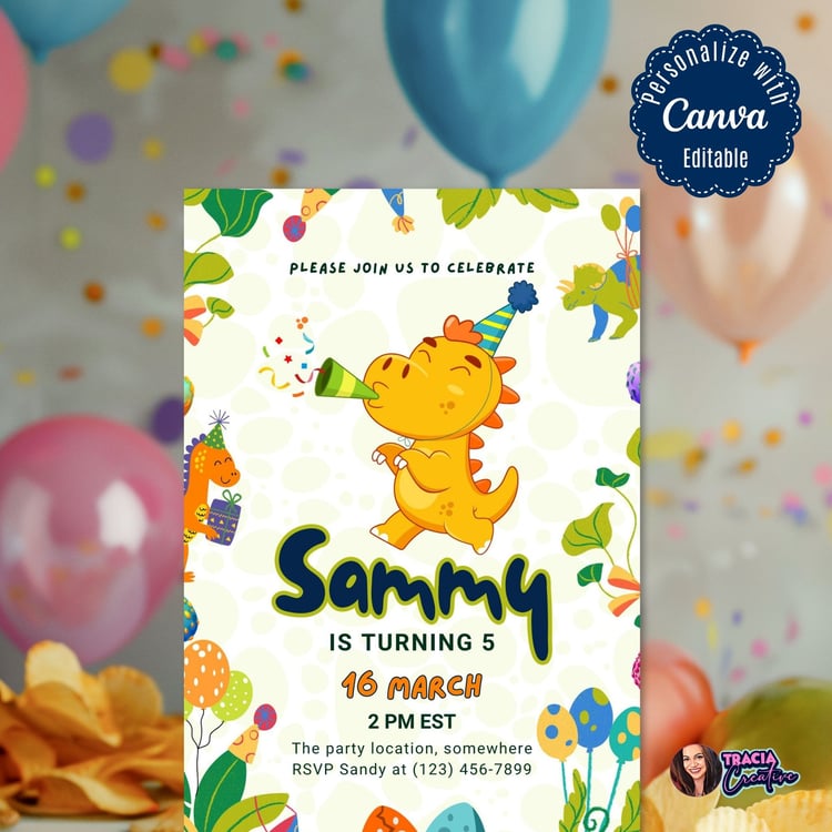 Canva Vibrant Dinosaur Kids Birthday Invitation - Fun & Colorful