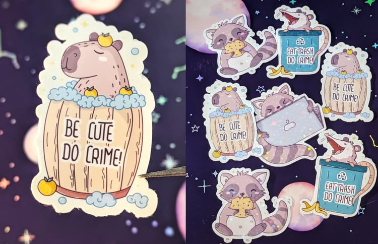 Sticker of a capybara relaxing in a wooden barrel filled with bubbles, with tiny yuzu fruits on its back. The text “BE CUTE DO CRIME” is written across the barrel in bold, playful letters