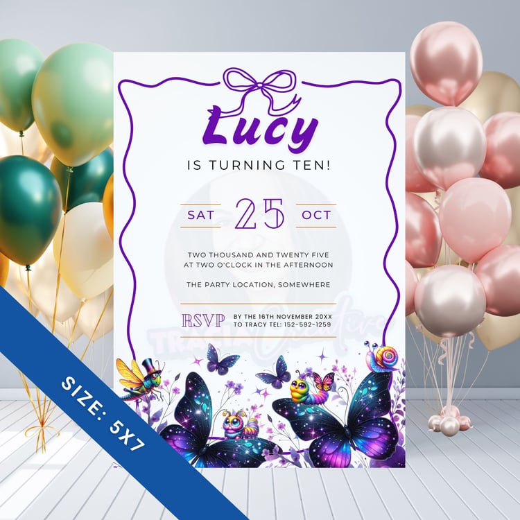 Purple Butterfly Pre-Teen Birthday Invitation – 5x7 Design