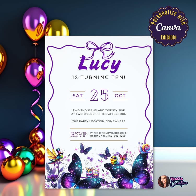 Purple Butterfly Pre-Teen Birthday Invitation – 5x7 Design