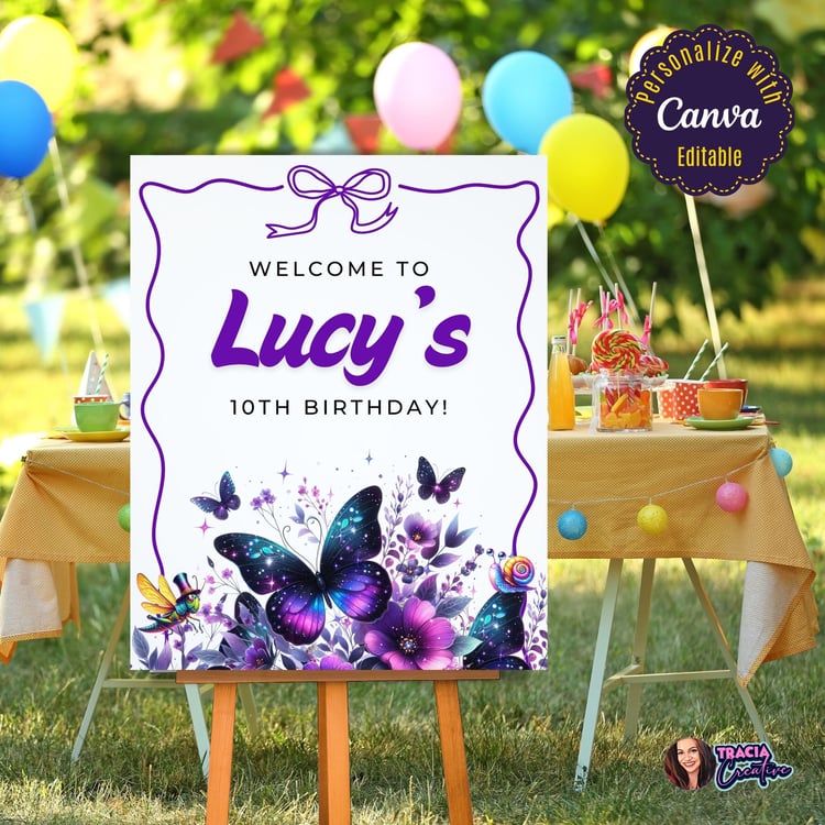 Printable Purple Butterfly Birthday Welcome Sign