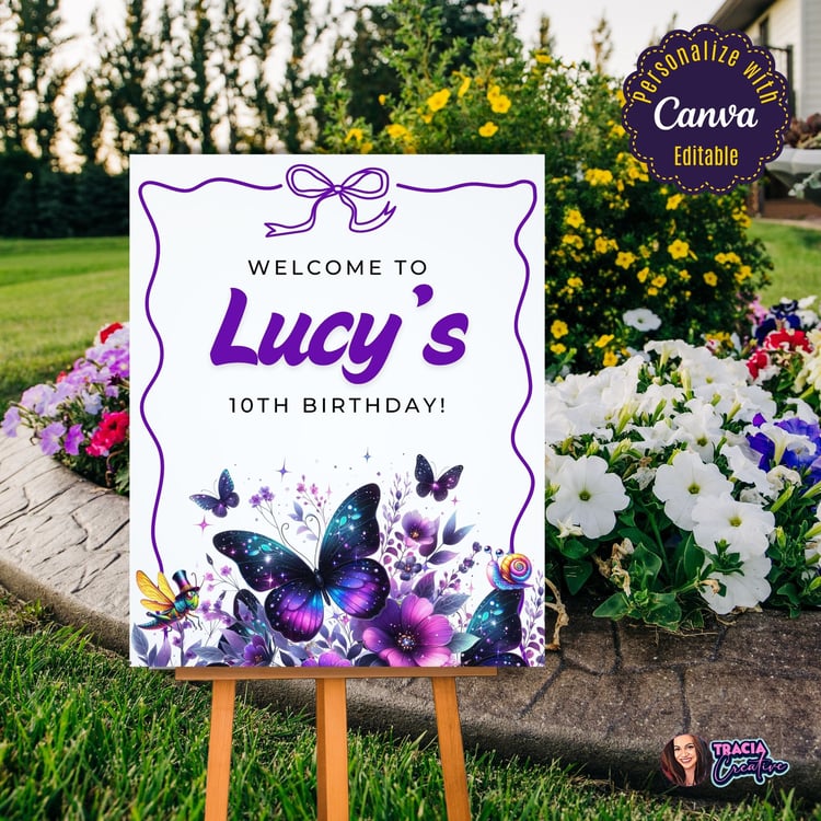 Printable Purple Butterfly Birthday Welcome Sign