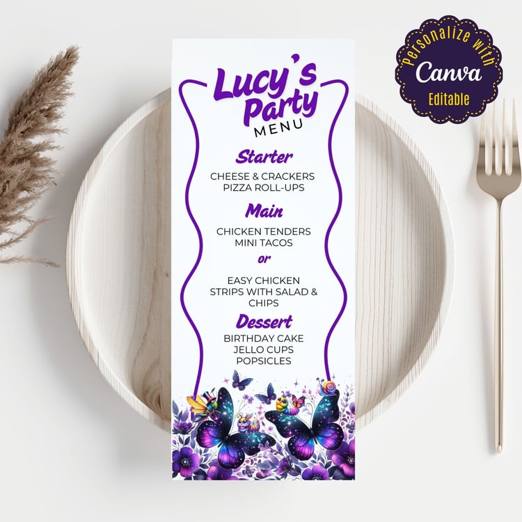 Printable Purple Butterfly Kids Birthday Party Menu