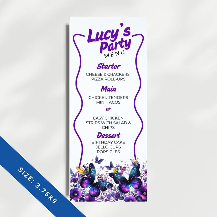 Printable Purple Butterfly Kids Birthday Party Menu